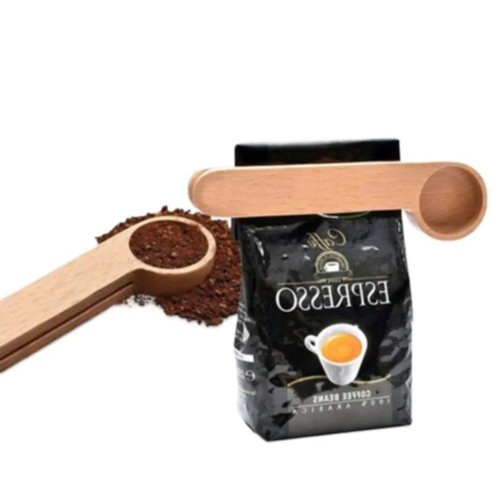 50 pz 16cm 2 in 1 caffettiera in legno e borsa clip in legno massello di faggio in legno di misurazione cucchiaino sacchetti di caffè sigillante adatto