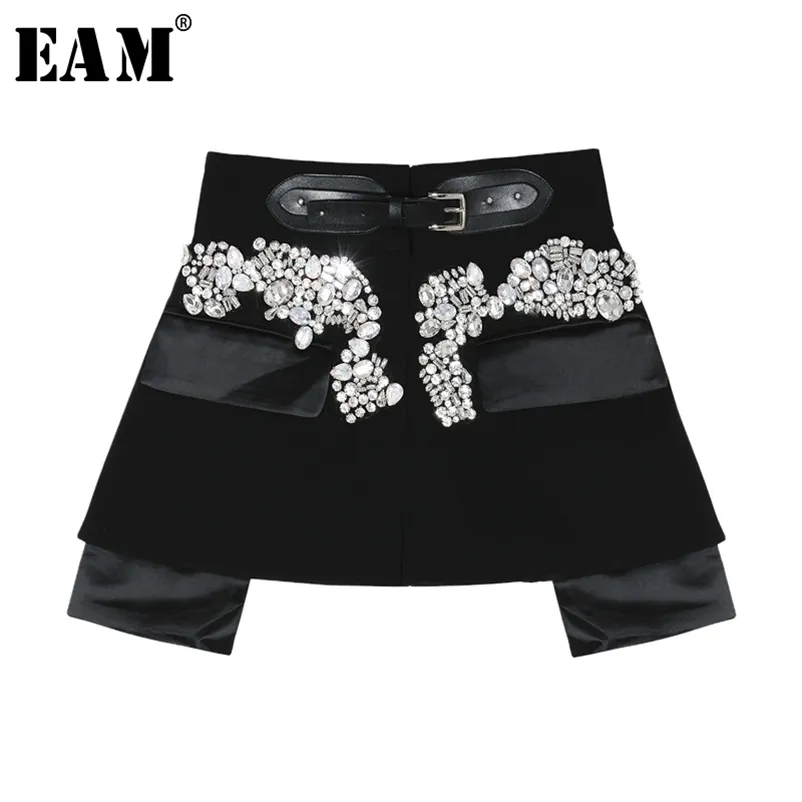 [EAM] Printemps Automne Taille haute Noir Perles Blingbling Épissé Personnalité Courte Demi-Corps Jupe Femmes Mode JY758 210621