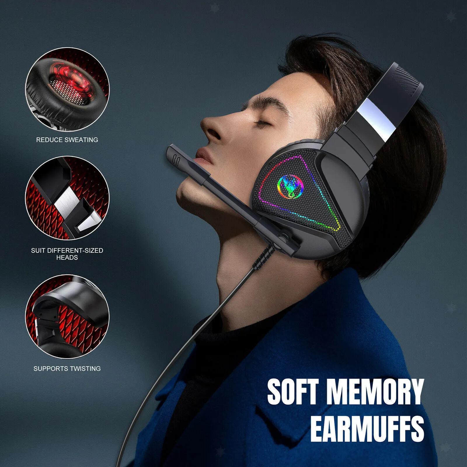 F16 Head-mounted Waterproof Earphones 7.1-channel Gaming Headset RGB LED Light Luminous Computer Headphones Wired Earpiece 3.5mm Jack Black