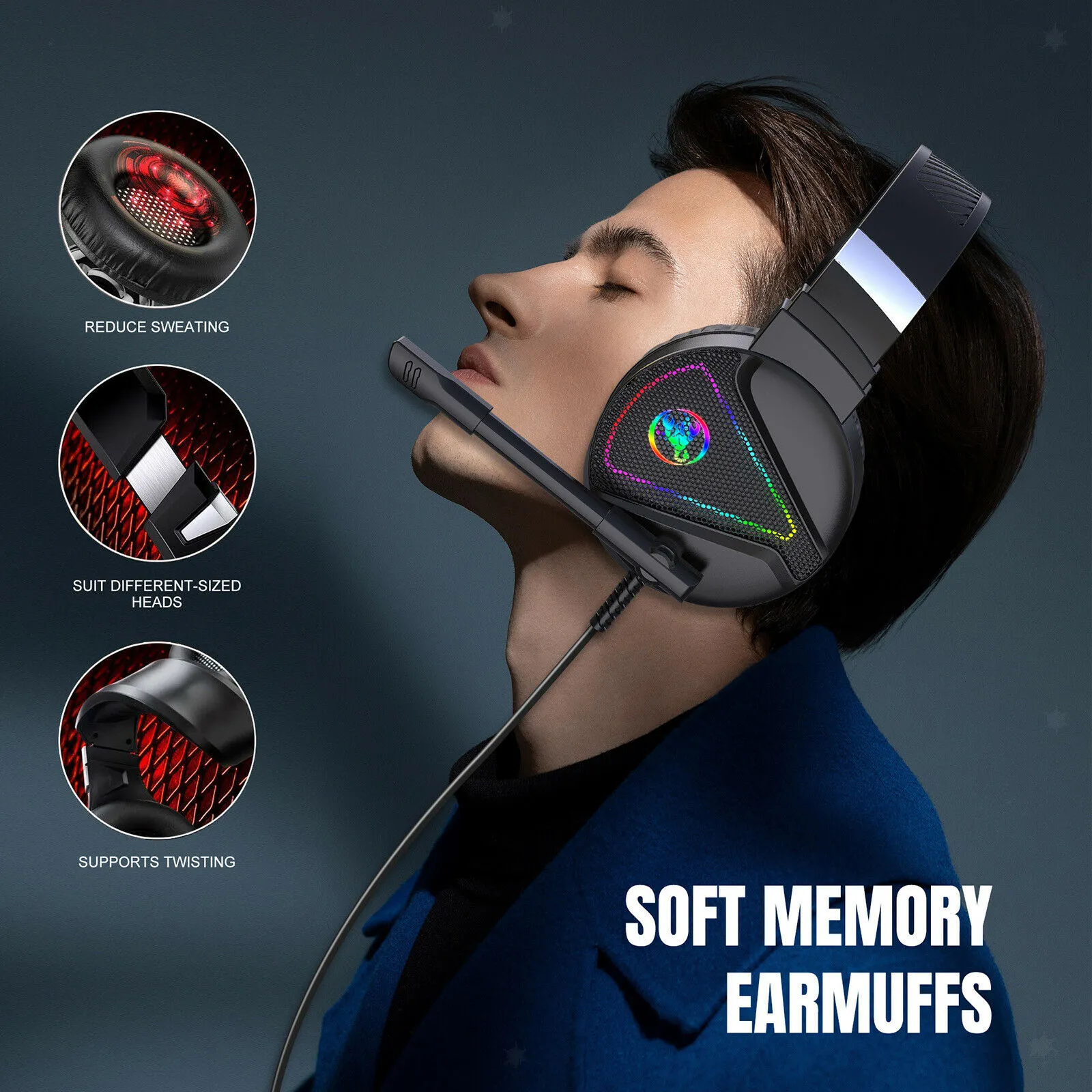 F16 Écouteurs étanches montés sur la tête Casque de jeu 7.1 canaux RVB Lumière LED Casque d'ordinateur lumineux Écouteur filaire Jack 3,5 mm Noir