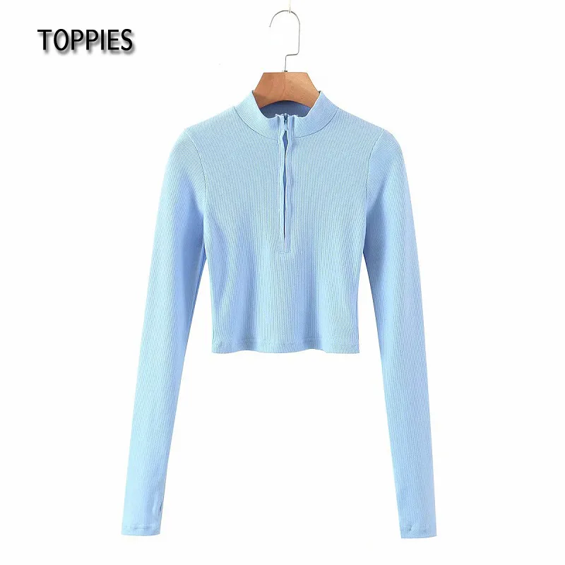 Toppies Primavera Longa Skeeve T-Shirts Mulheres Sexy Cropped Tops Zipper Stand Collar Slim tops Tees 210412