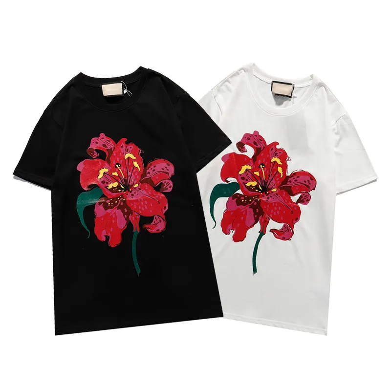 2021SS 탑스 100 % 코튼 2 색 여성 망 티셔츠 정밀 인쇄 장미 꽃다발 셔츠 티셔츠 크기 S-XXL