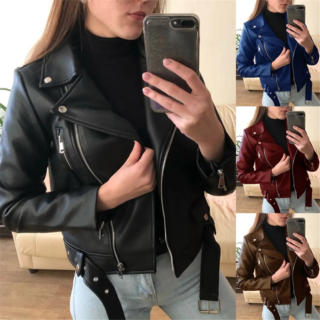 Women Autumn Solid Colors Cool Faux Leather Jacket Long Sleeve Zipper Turn-down Collar Motorcycle Biker Short Coat Outerwear#g3