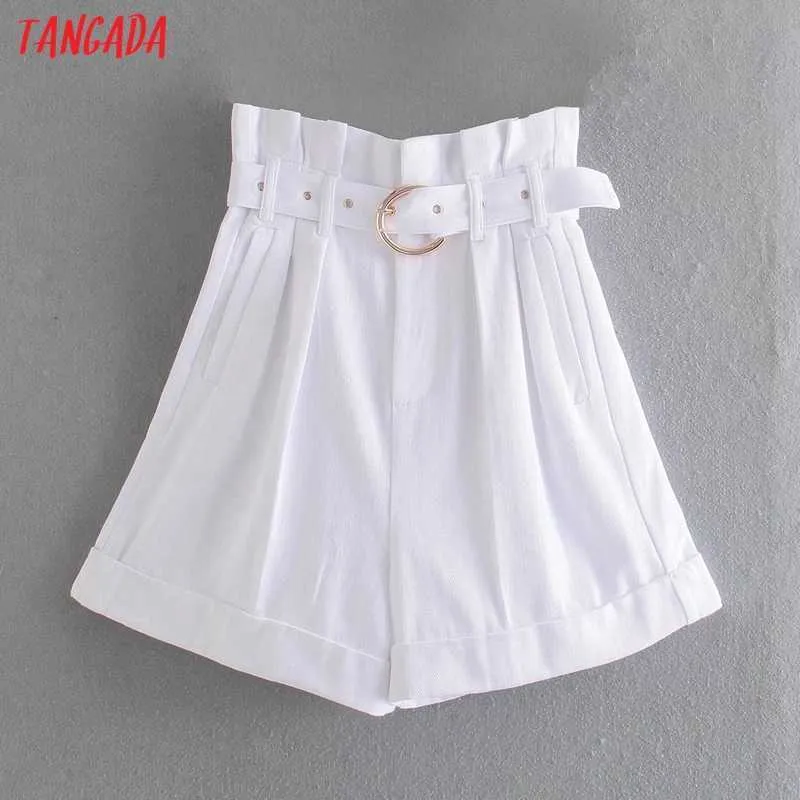 Tangada Femmes Taille Haute Blanc Large Jambe Shorts avec Ceinture Poches À Glissière Femme Rétro Casual Shorts Pantalones 4N75 210609