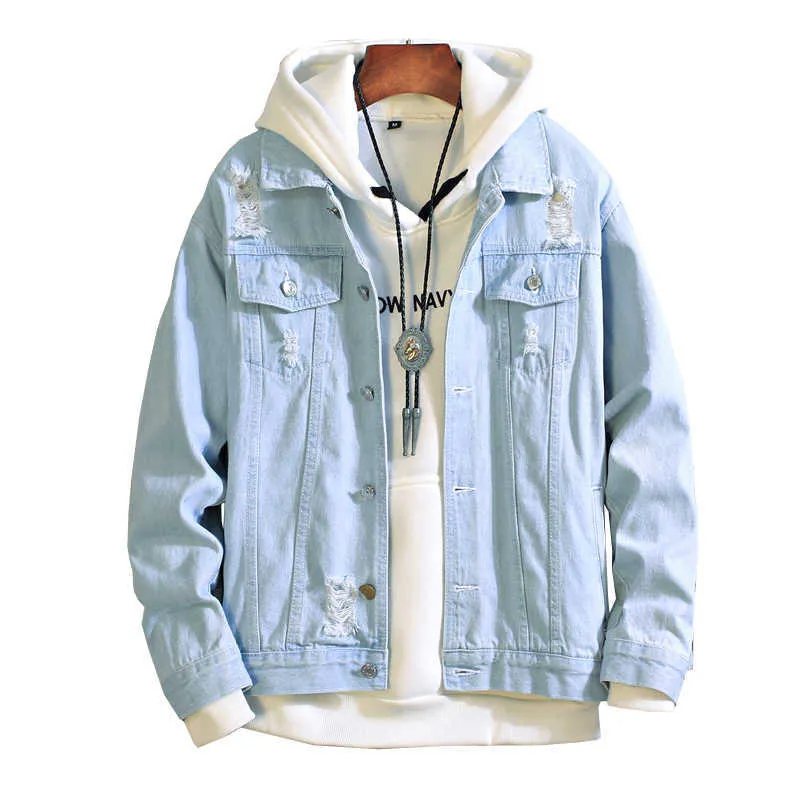 Vintage Light Blue Denim Jacket For Men Large Size Streetwear