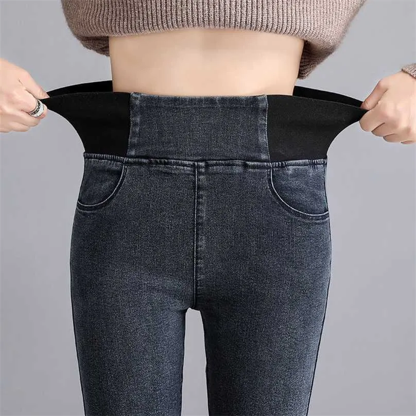 Byxor plus storlek 26-34 slim jeans för kvinnor mager hög midja jeans kvinna blå denim penna byxor stretch midja kvinnor grundläggande jeans 211112