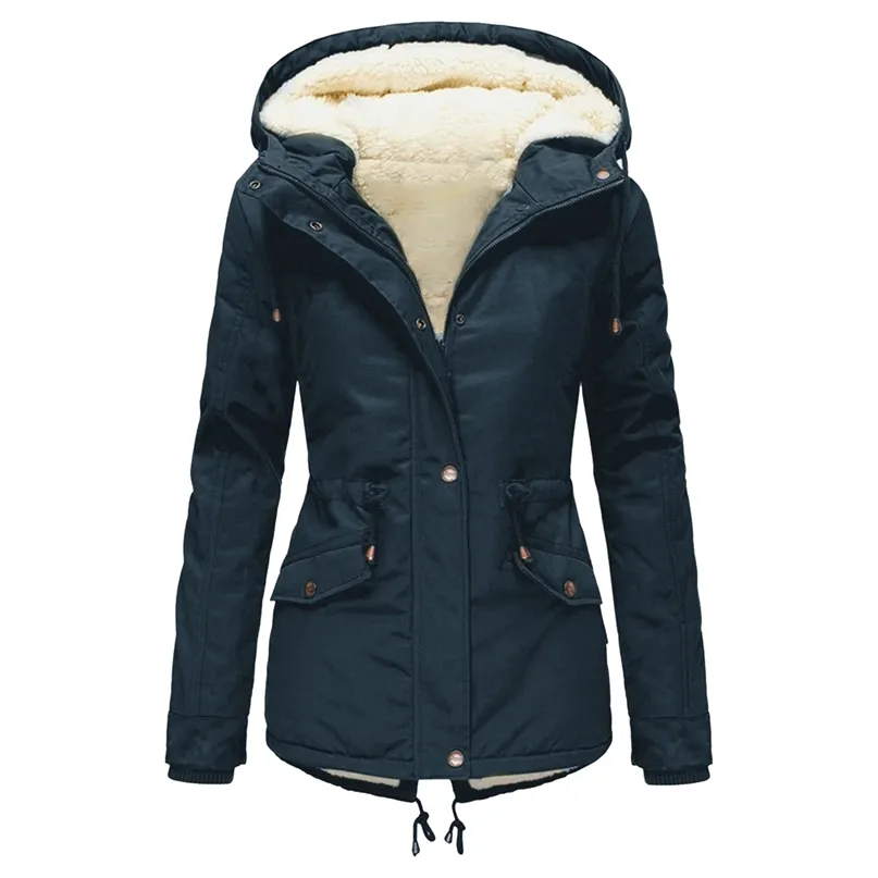 Coton Rembourré Veste Noir Femmes Solide Capuche Fourrure Chaud Manteau D'hiver Plus La Taille Bureau Dames Rétro Causal Lâche Parkas Outwear 211216