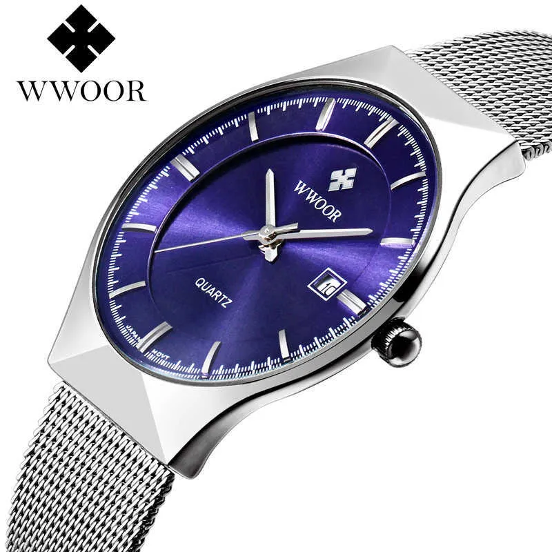 Wwaor Watch Mężczyźni Luksusowy Ultra-Th Casual Mężczyzna Zegarek Niebieski Wodoodporny Ze Stali Nierdzewnej Quartz Auto Data Moda Zegarek Męskie 210527