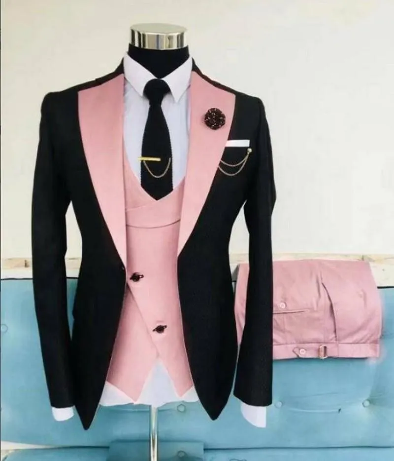 Herenpakken Blazers Custom Made Mannen Zwart en Roze Bruidegom Tuxedos Sjaal Revers GroomsMen 3 Stuks Set (Jacket + Pants Vest Tie) D356