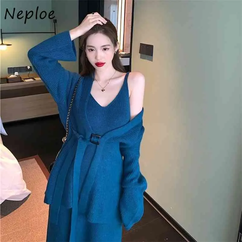 Autumn Suit Solid Color Elegant All-match Cardigan Sweaters + Casual Loose Camis Women Dress Fashion 2 Piece Set 210422