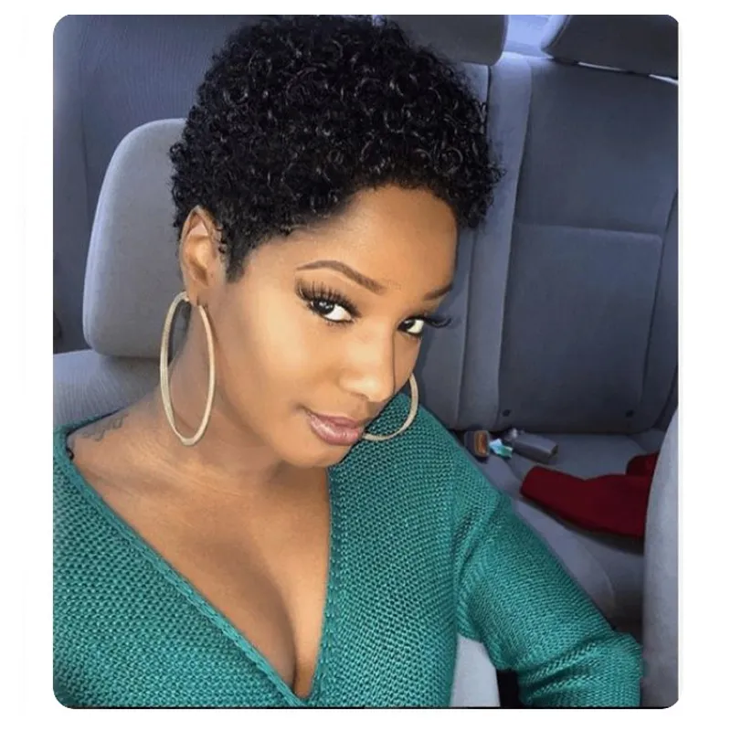 Piękny Krótki Pixie Cut Curl Wig Brazylijski African American Fryzury Symulacja Ludzkich Włosów Kinky Kręcone Peruki w magazynie