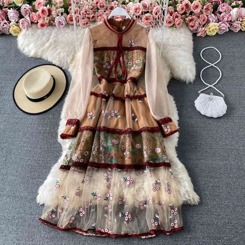 Elegante ver a través de la manga de la linterna de malla flor bordado costura adornos de encaje de cintura alta dulce arco fiesta vestido largo 210416