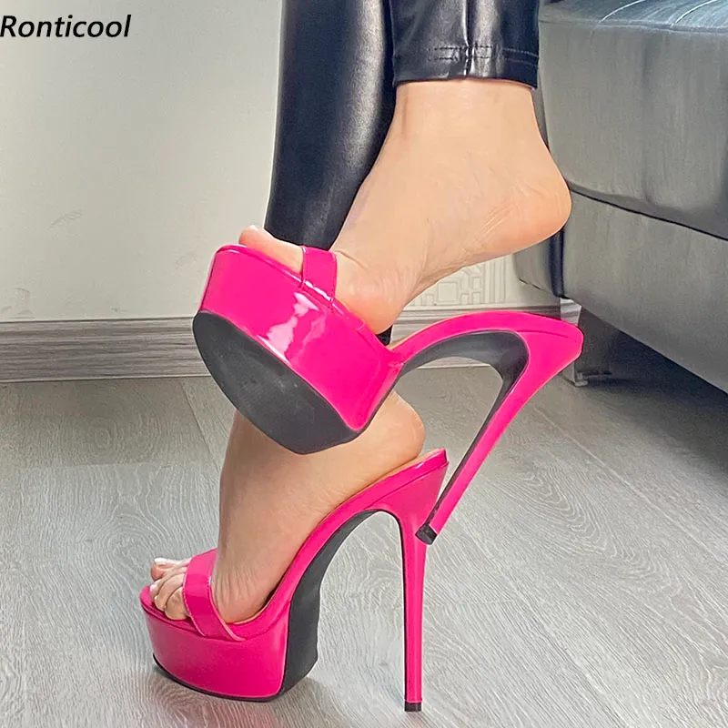 Rontic Fatti A Mano Delle Donne Della Piattaforma Ciabatte Sandali Vernice Stiletto Tacchi Alti Open Toe Piuttosto Fucsia Rosso Bianco Scarpe Formato DEGLI STATI UNITI 5-20