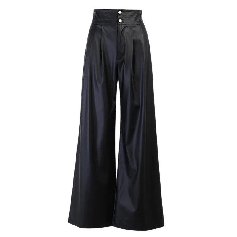 Wide Leg Black Pu Paperbag Trousers Trousers 'Applewood' Tie Waist