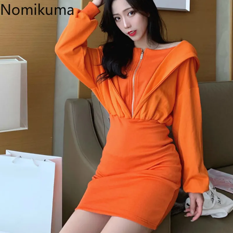Nomikuma Koreaanse Streetwear Hooded Lange Mouw Jurk Vrouwen Effen Kleur Hoge Taille Rits Mode Jurken Vestidos 3A665 210514