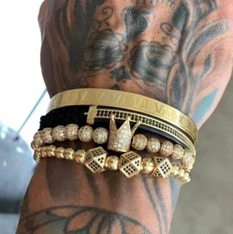 Klassisches handgewebtes geflochtenes Armband, goldenes Hip-Hop-Armband-Set für Herren mit Zirkon-Krone und römischen Ziffern, 3er-Pack, Geschenk F1211