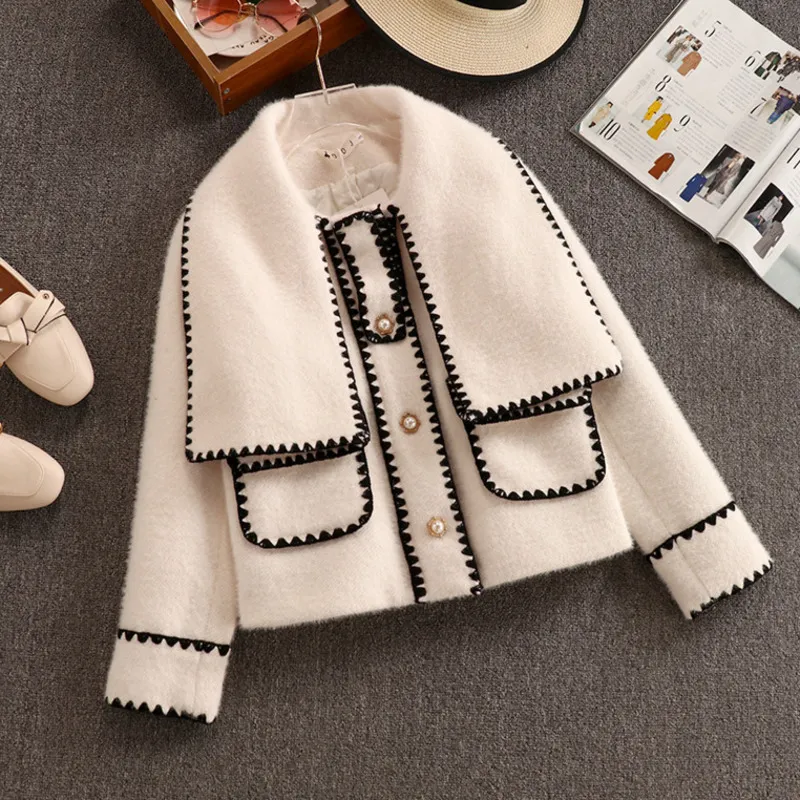 High Quality Women White Bow Mink Jackets Coat For Female Slim Patchwork Pocket Outerwear Ladies Wool Short Coat Winter Clothes