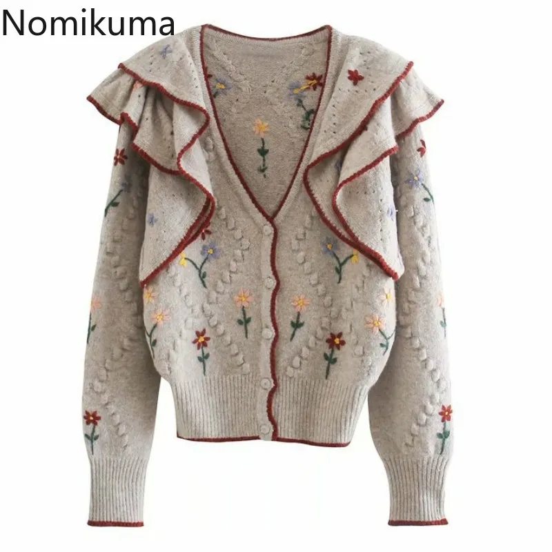 Nomikuma ruche borduurwerk bijgesneden vest vrouwen enkele breasted lange mouw bloem trui vrouwelijke herfst bovenkleding 3d239 210514