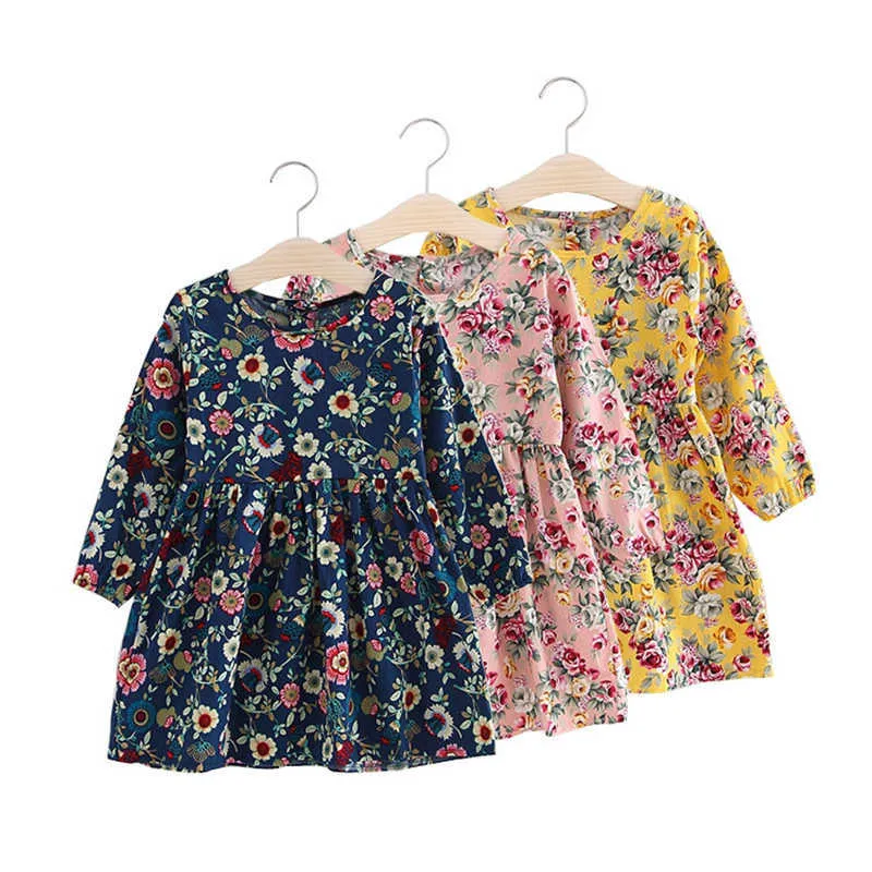 Girls Dress Princess Kids Clothes Flower Printed Child Dresses Long Sleeve Children Clothing 2021 Spring Autumn Elegant Outfits Q0716