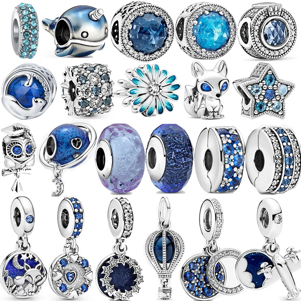 100% 925 Sterling Silver Spring Blue Dangle Charms Fit Original Pandora Bransoletka DIY Biżuteria