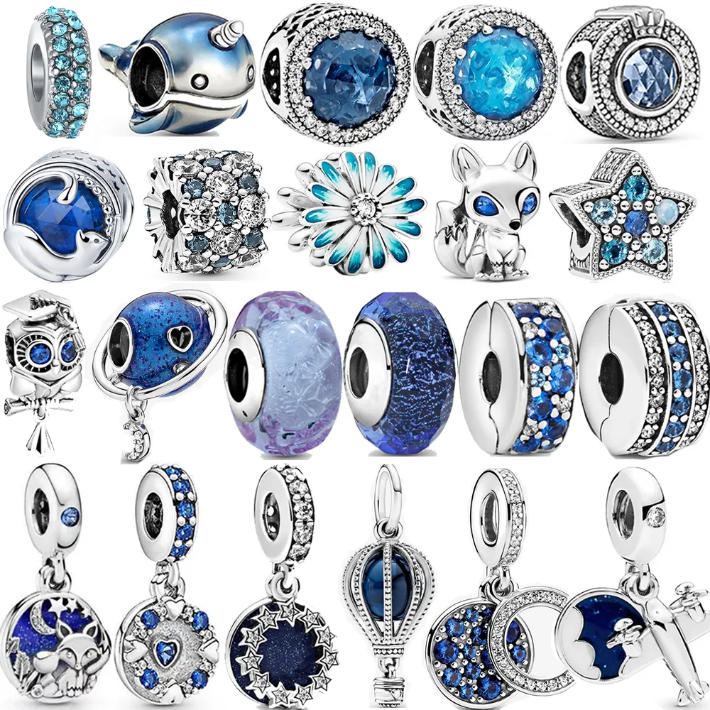 100% 925 Sterling Silver Spring Blue Dangle Charms Fit Original Pandora Bracelet DIY Smycken