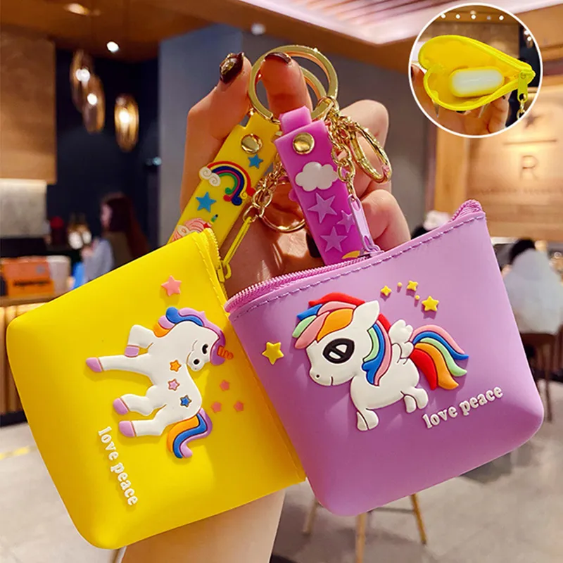 Munt Purse Purse oortelefoonhouder Key Chains Ring Cartoon Siliconen Dier Unicorn Patroon Keychains Cute Bag Pendant Car Keyrings Charm Gifts Fashion Jewelry Accessories