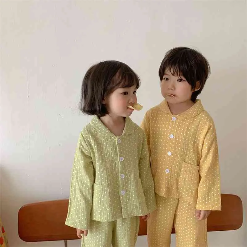 Vår Höst Unisex Spun Cotton Dot Printing Casual Leisure Wear Barn Mjuka Pyjamas Sets 210708