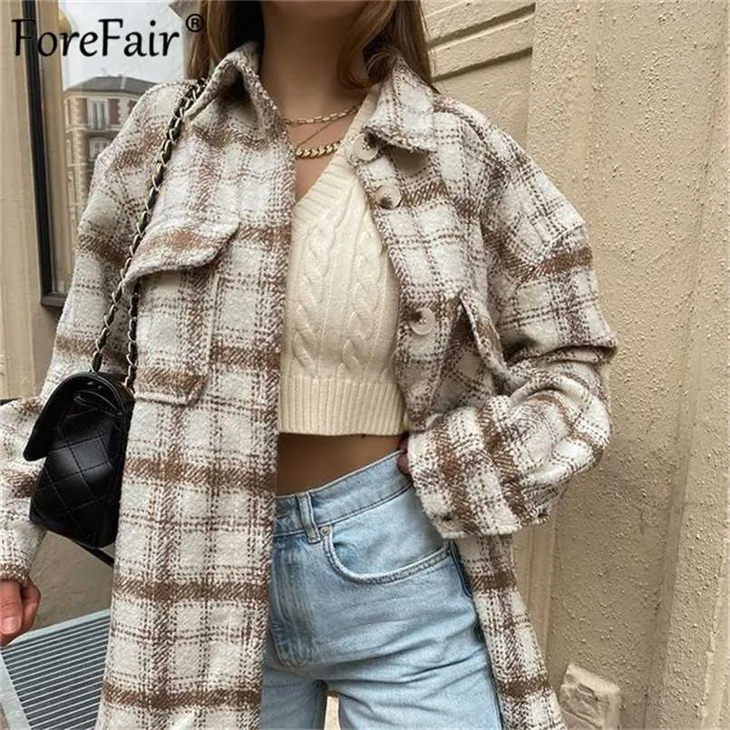 Forefair Winter Fashion Plaid Damskie płaszcz Vintage Casual Kobiet Płaszcze Panie Przycisk Wyłącz Down Callor Kurtka Odzież 211110