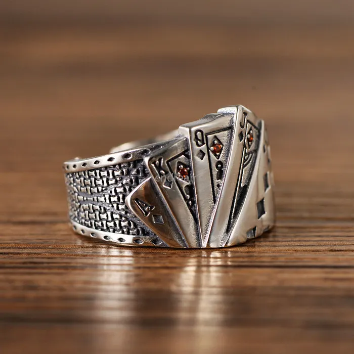 Men Poker Straight Royal Flush Ring Band Finger Ancient Silver  Adjustable Rings Hip Hop Fashion Jewelry Will and Sandy
