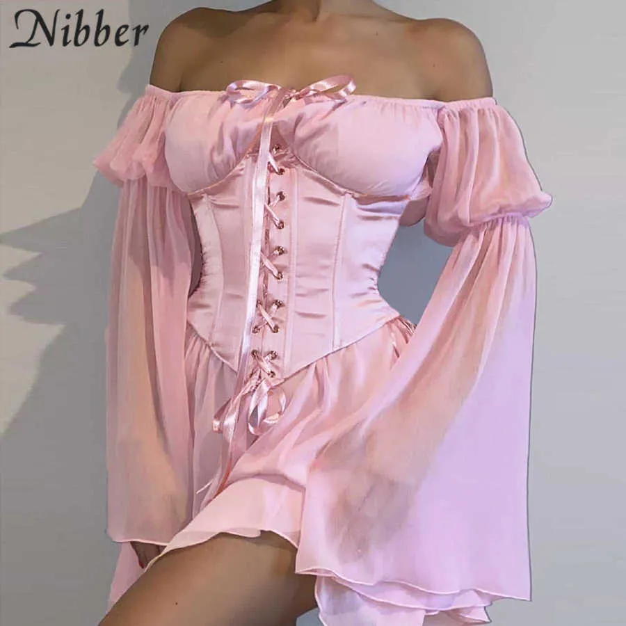 Nibber Ummer Dames Tube Top Une épaule en mousseline de soie à manches longues Robe fée taille minceur drapée mini jupe style doux 2021 Y0726