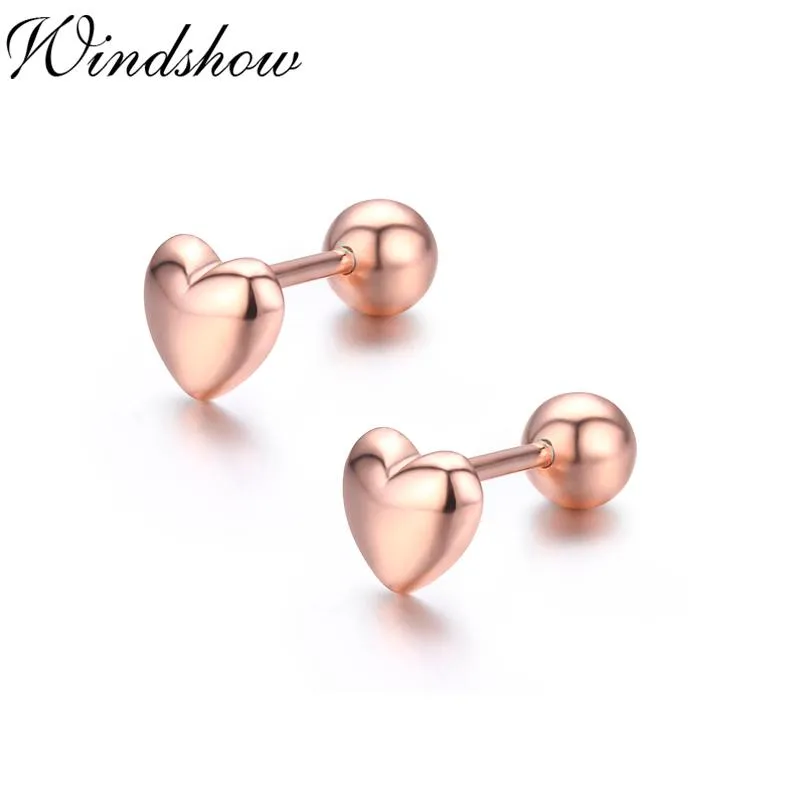 Cute 925 Sterling Silver Rose Gold Color Peach Love Heart Screw Back Stud Earrings For Women Girls Toddlers Kids Jewelry Aretes