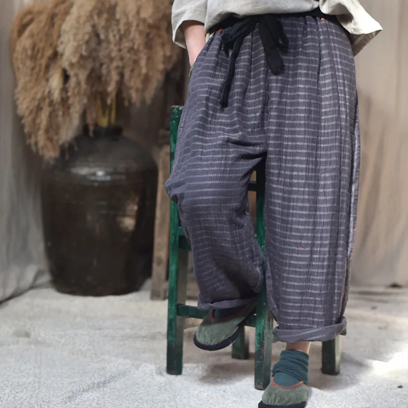 Johnature женщины полосатые широкие ноги брюки хлопчатобумажные льняные свободные брюки осень повседневные женские карманы падения длинные брюки 210521