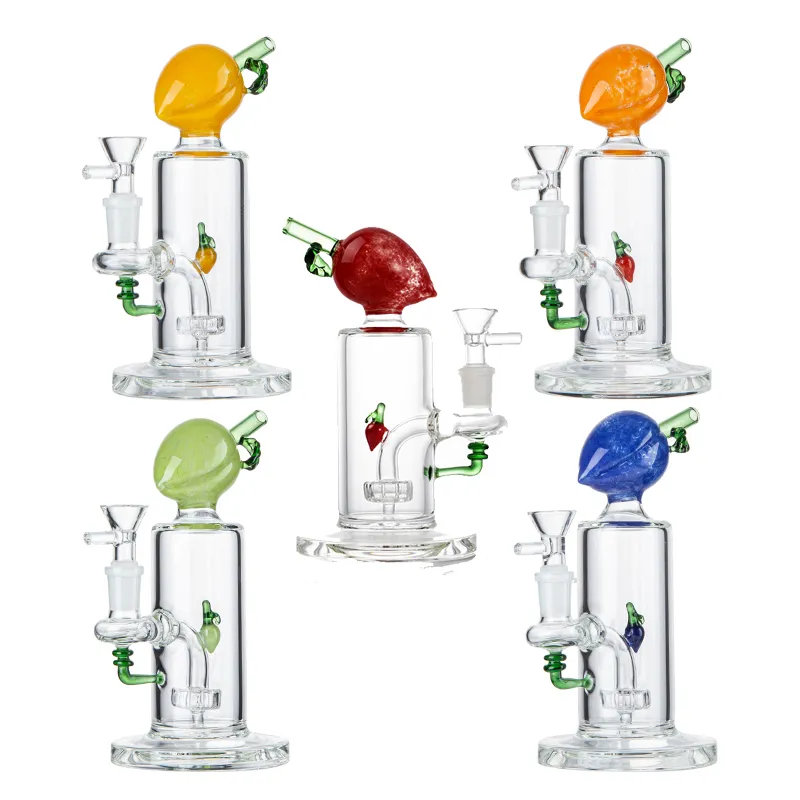 7 Inch 5mm Thick Popular Hookahs Showerhead Perc Oil Dab Rigs Water Pipes 14mm Female Joint With Bowl Peach Shape Fruit In The Bong Glass Bongs DHL20093