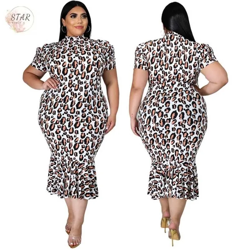 Plus Size Dress Women Summer Leopard Printed Short Sleeve Maxi Dresses Bodycon Ruffle Hem Elegant Outfits Wholesale Drop 211106