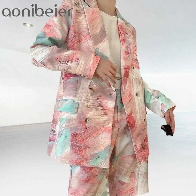2 피스 세트 여성 더블 브레스트 블레이저 및 짧은 바지 복장 패션 낙서 인쇄 높은 허리 반바지 210604