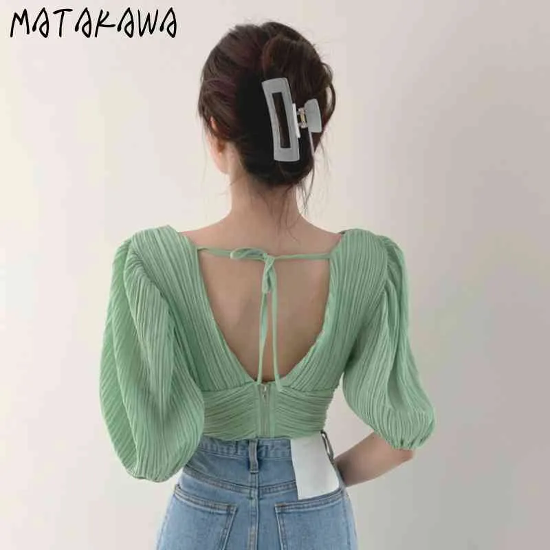 Matakawa Korea V-nacke Pleated Women's Blouses Puff Sleeve Chiffon Shirt Zipper Open Back Strappy Short Top Summer Blusas 210513