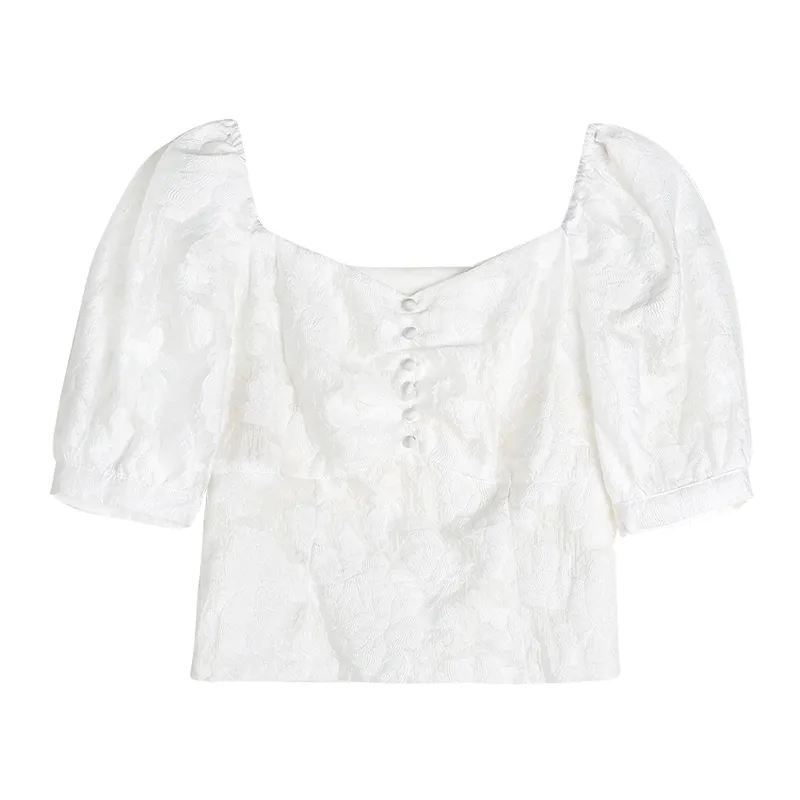 Dames Wit Solid Top Shirt Floral V-hals Half Mouw Lente Zomer Bladerdeeg Kant Blouse Button B0656 210514