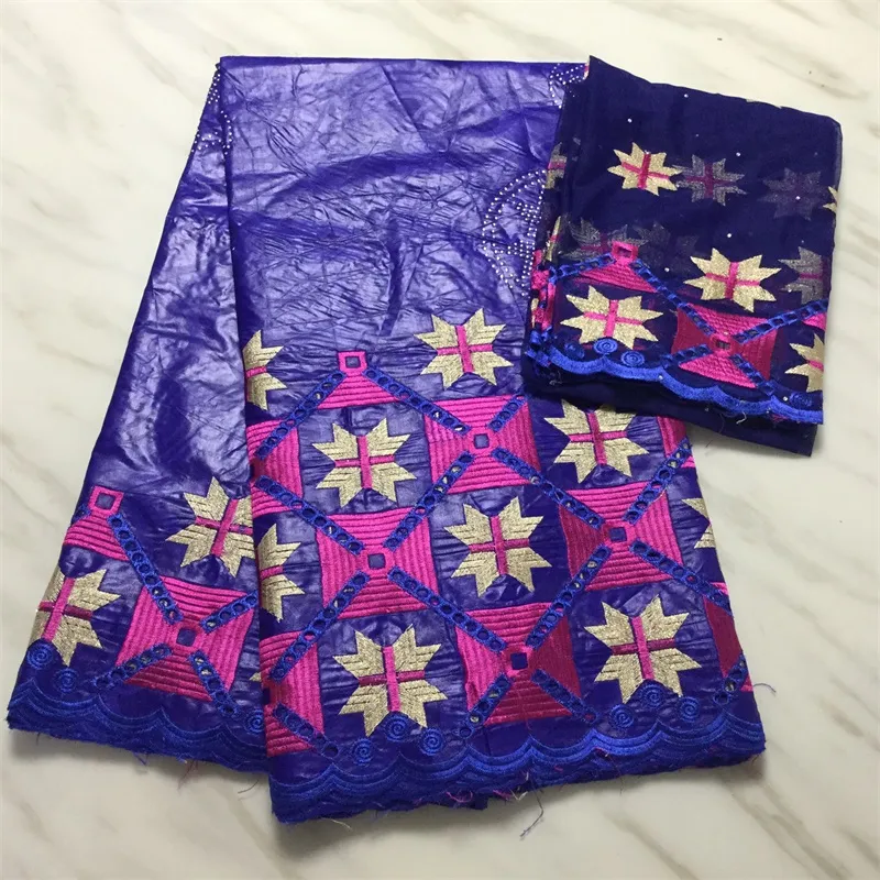 5Yards Royal Blue Fashion African Bazin Brocade Fabric Broderi och 2Yards Franska Net Spets för halsduk PL71204