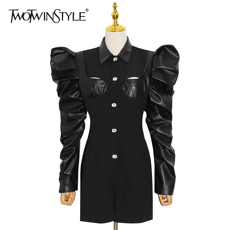 Twotwinstyle Patchwork Put Cuir Black Combinaison Noir pour femmes Vapel Feul de manches longues Taille haute Mini Jumpsuits Slim Femme 210517