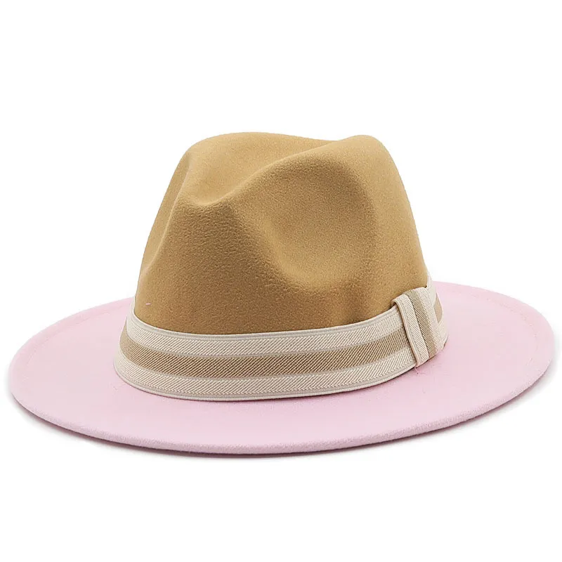 Fashion 2 Tone Cowboy Men Dress Flat Wide Brim Fedora Hat Women Floppy Patchwork Faux Wool Felt Panama Cap Wholesale