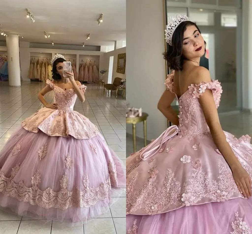 Удивительные румянцы цветочные кружева Quinceanera платье с 3D цветами с плеча бисера баллы сладкие 16 15 девушки выпускные выпускные платья женские