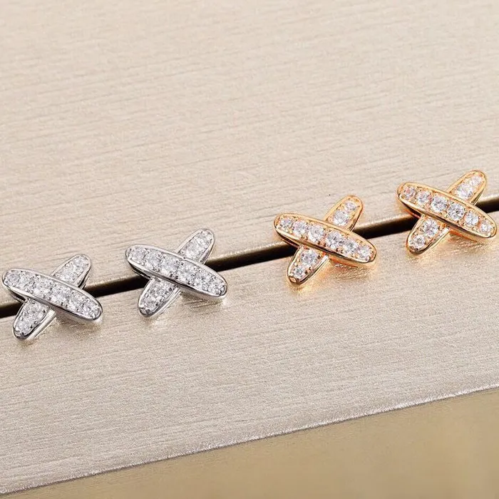 Studs oorbellen Xiaoshangjia Cross Full Diamond 925 Sterling Verzilverd 18K Gold X Women's Light Luxe net rood