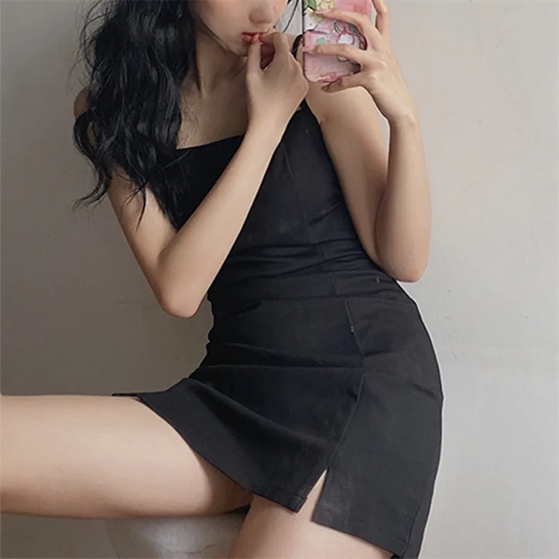 Elegant Dress Slit Hem Fit and Flare Women Summer Sleeveless Camisole Bodycon Party Stretch Short Club 210529