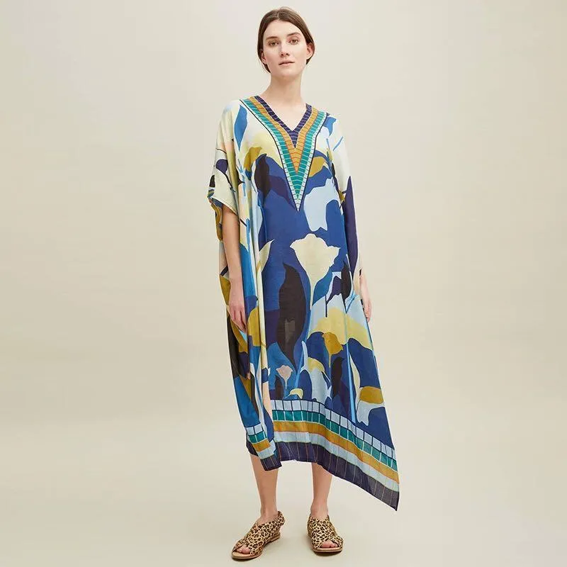 Bohemian Printed Kaftan Women Awdwear Bawełna Tunik Tunikowa pokrywka Saida de Praia Swimsuit Bikini Cover-Ups Pareo Sarong Robe Women's Swimw