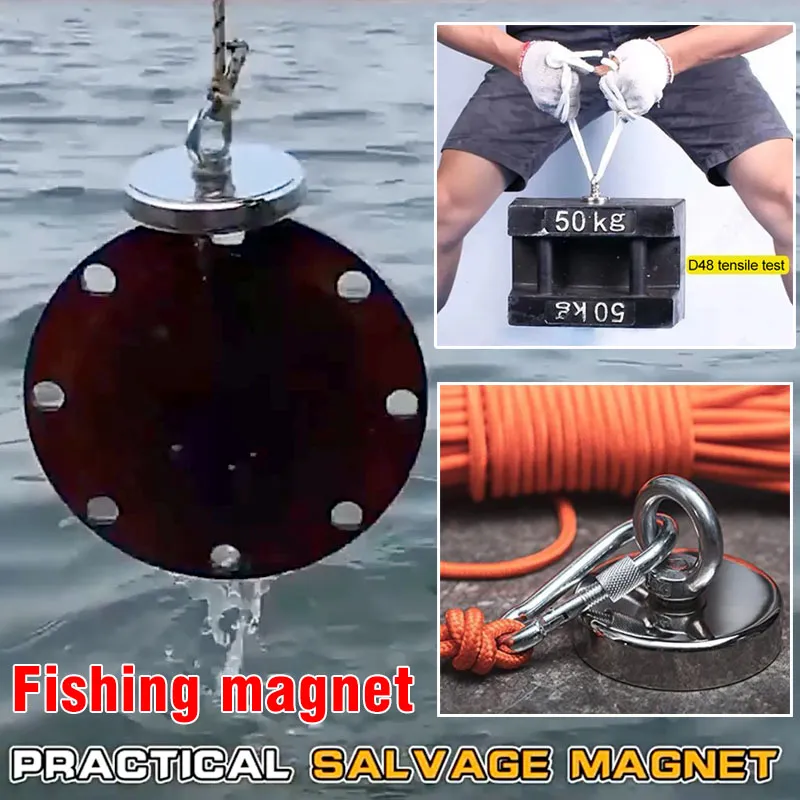 Super aimant en néodyme outil de pêche en haute mer dragage d'égout de fossé sauvetage chasse au trésor magnétique en métal 304 acier inoxydable tirer anneau de levage élingue support de montée crochet