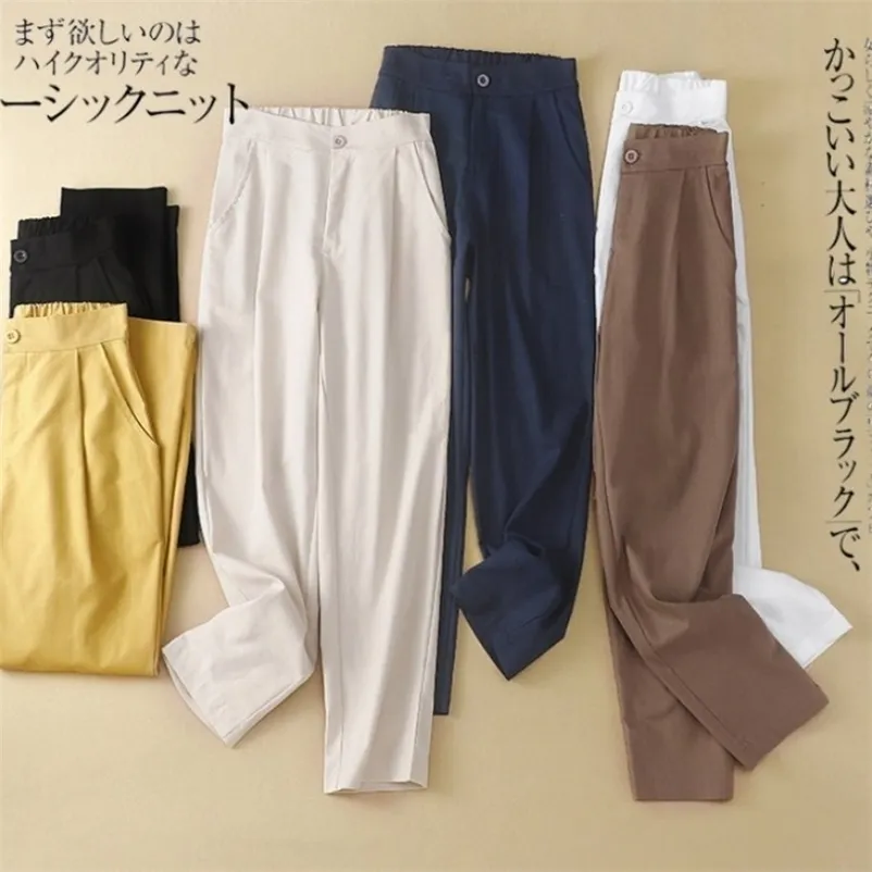 Women's 100%Pure Linen Cotton Pants Vintage Casual Waisted Classic Harem for Women Summer White Calf-length Trousers 210514
