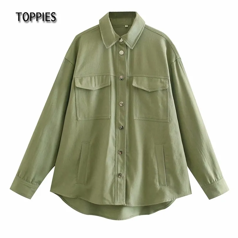 Toppies Green Cotton Shirt Veste Bouton vers le manteau lâche Femmes Long Manches Poches Streetwear 211014