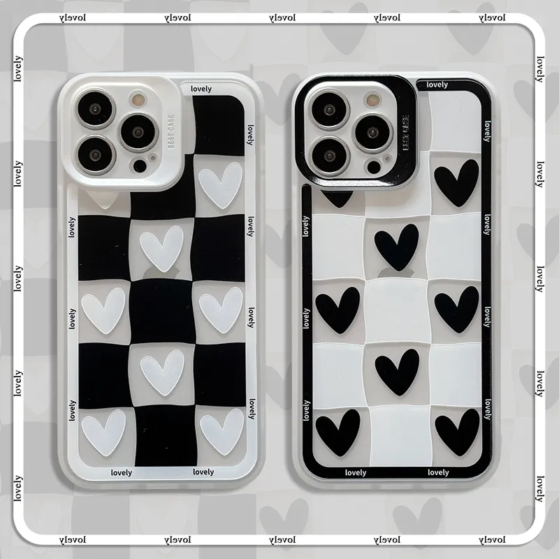 Couple style Love heart shaped Phone Cases For iphone 13 12 11 Pro X XS MAX XR 7 8 PLUS Sweet transparent Lovely Checkerboard pattern designer Protective cover case