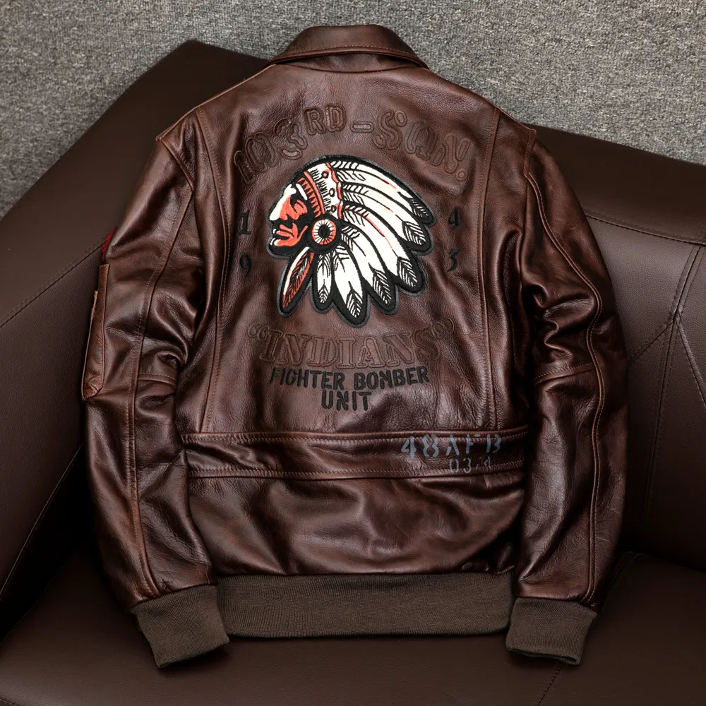 2024 Genuine Cowhide Leather Bomber Jacket Chestnut Brown, Vintage 