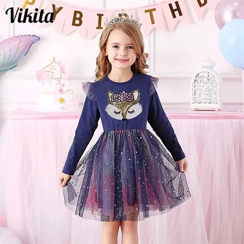 VIKITA Ragazze Manica Lunga Autunno Inverno Bambini Abiti Casual Vestito da Cartone Animato Anno Abiti di Natale per Ragazza da 3 a 8 Anni 211231